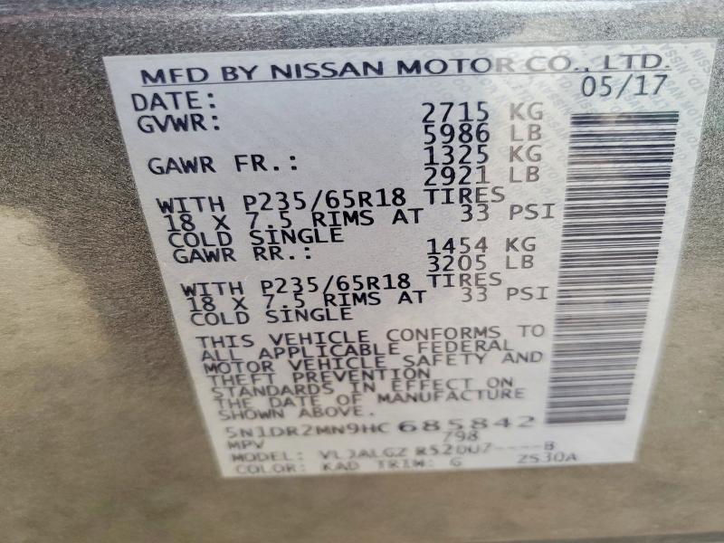 56039966 :رقم المزاد ، 5N1DR2MN9HC685842 vin ، 2017 Nissan Pathfinder مزاد بيع