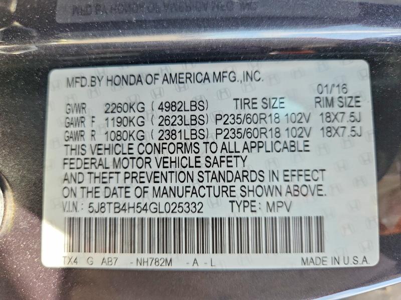 Aukcja sprzedaży 2016 Acura Rdx, vin: 5J8TB4H54GL025332, numer aukcji: 56933746