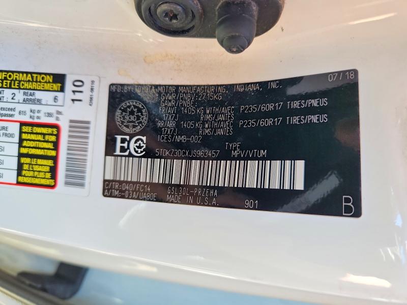 56795136 :رقم المزاد ، 5TDKZ3DCXJS963457 vin ، 2018 Toyota Sienna مزاد بيع