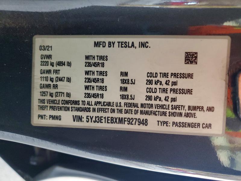 57539056 :رقم المزاد ، 5YJ3E1EBXMF927948 vin ، 2021 Tesla Model 3 مزاد بيع