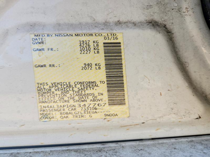 2016 Nissan Altima მანქანა იყიდება აუქციონზე, vin: 1N4AL3AP1GN347767, აუქციონის ნომერი: 57730396