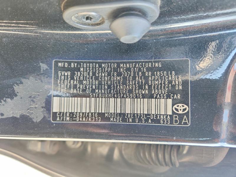 2016 Toyota Corolla მანქანა იყიდება აუქციონზე, vin: 5YFBURHE4GP459016, აუქციონის ნომერი: 56452196