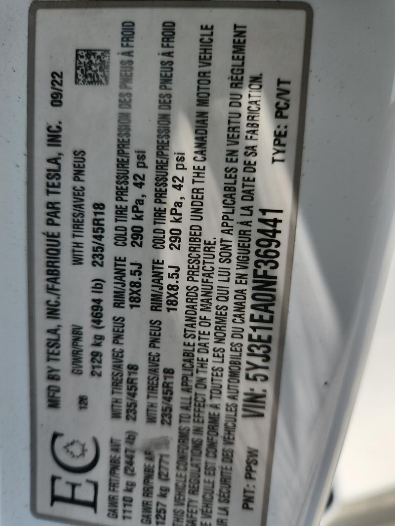 Продаж на аукціоні авто 2022 Tesla Model 3, vin: 5YJ3E1EA0NF369441, номер лоту: 58479636
