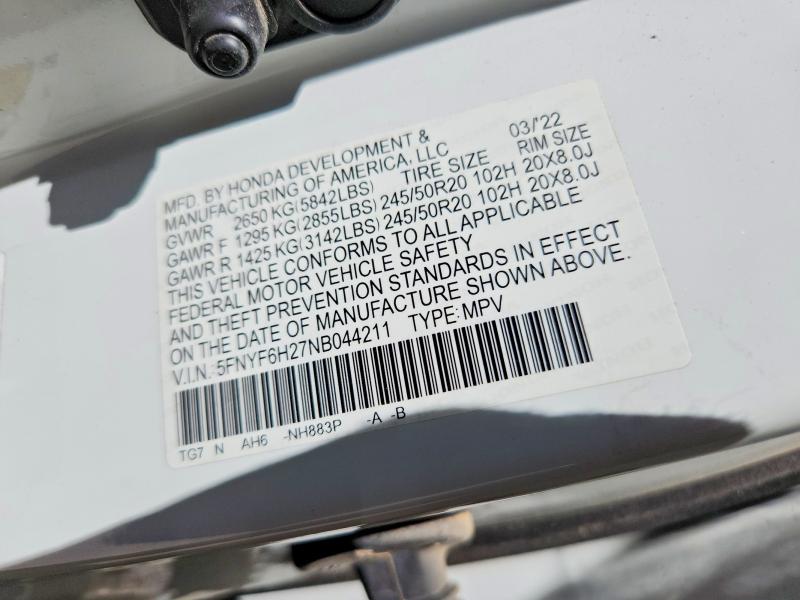 Auction sale of the 2022 Honda Pilot, vin: 5FNYF6H27NB044211, lot number: 59382076