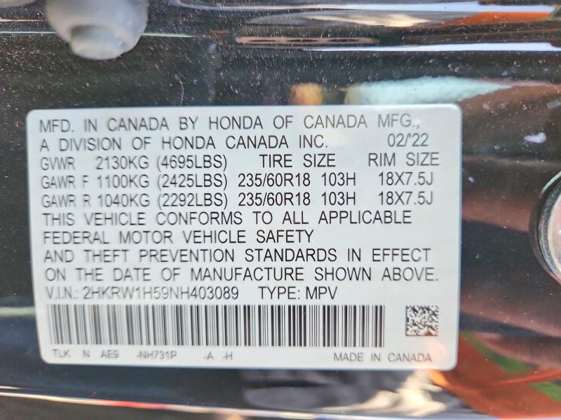 55384646 :رقم المزاد ، 2HKRW1H59NH403089 vin ، 2022 Honda Cr-v مزاد بيع
