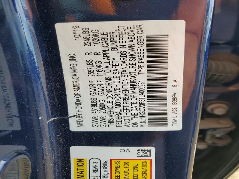 Aukcja sprzedaży 2020 Honda Accord, vin: 1HGCV3F51LA000981, numer aukcji: 55510136