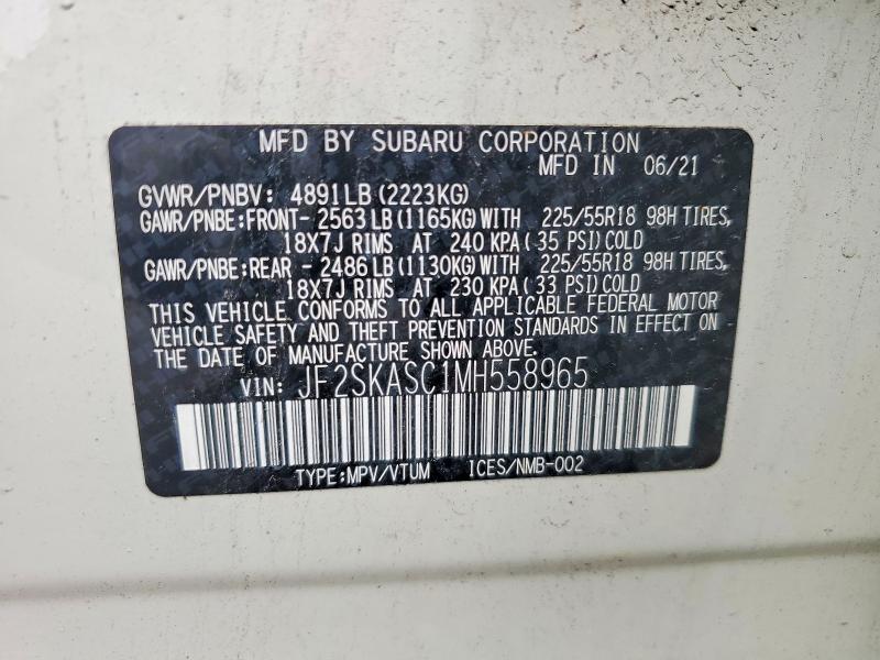 2021 Subaru Forester მანქანა იყიდება აუქციონზე, vin: JF2SKASC1MH558965, აუქციონის ნომერი: 57168536