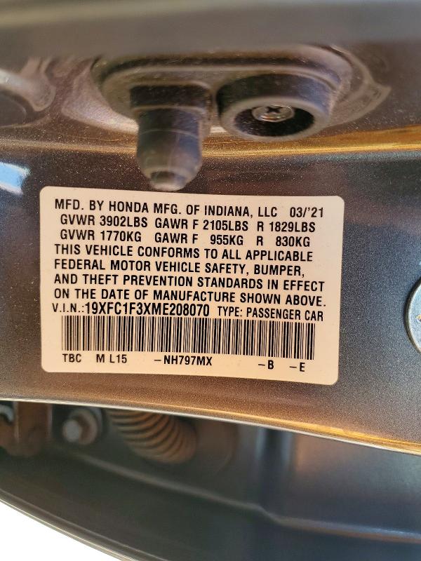 56703046 :رقم المزاد ، 19XFC1F3XME208070 vin ، 2021 Honda Civic مزاد بيع