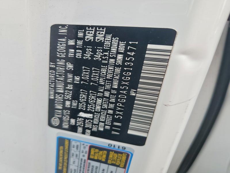 58601486 :رقم المزاد ، 5XYPGDA5XGG135471 vin ، 2016 Kia Sorento مزاد بيع