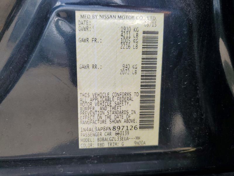 2015 Nissan Altima მანქანა იყიდება აუქციონზე, vin: 1N4AL3AP8FN897126, აუქციონის ნომერი: 59116476