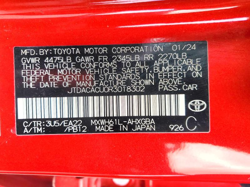 56490116 :رقم المزاد ، JTDACACU0R3018302 vin ، 2024 Toyota Prius Prime مزاد بيع