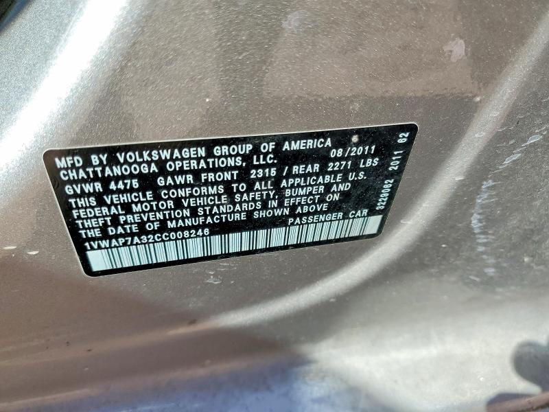 2012 Volkswagen Passat მანქანა იყიდება აუქციონზე, vin: 1VWAP7A32CC008246, აუქციონის ნომერი: 58424486