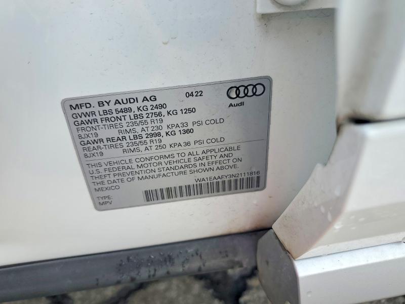 56041496 :رقم المزاد ، WA1EAAFY3N2111816 vin ، 2022 Audi Q5 مزاد بيع