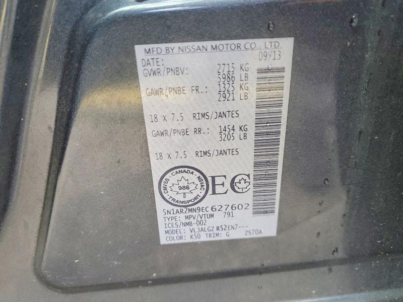 58071086 :رقم المزاد ، 5N1AR2MN9EC627602 vin ، 2014 Nissan Pathfinder مزاد بيع