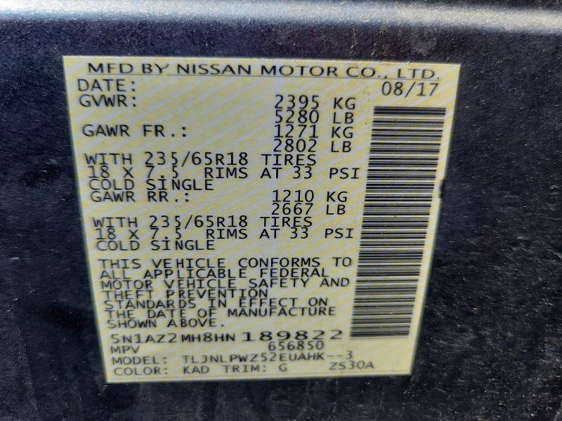56949196 :رقم المزاد ، 5N1AZ2MH8HN189822 vin ، 2017 Nissan Murano مزاد بيع
