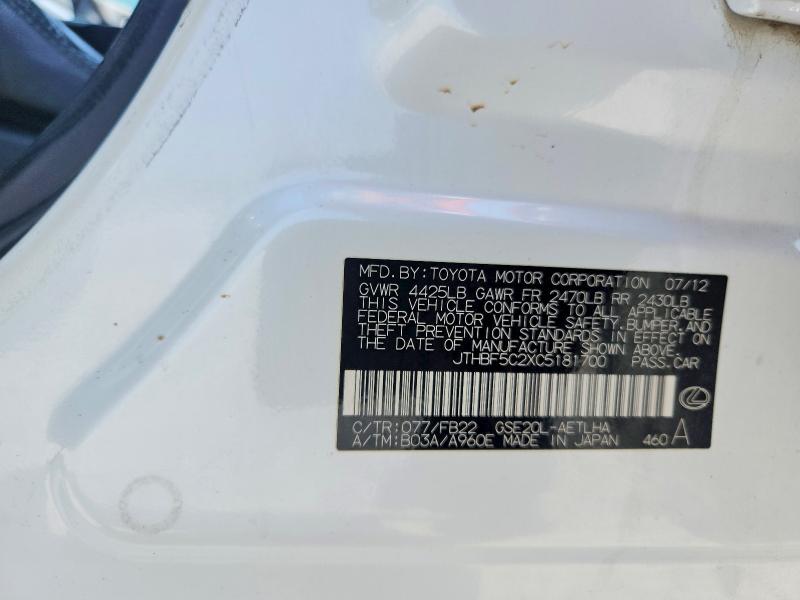 Aukcja sprzedaży 2012 Lexus Is, vin: JTHBF5C2XC5181700, numer aukcji: 59220036