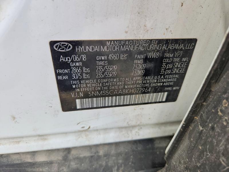 57444706 :رقم المزاد ، 5NMS5CAA8KH022964 vin ، 2019 Hyundai Santa Fe مزاد بيع