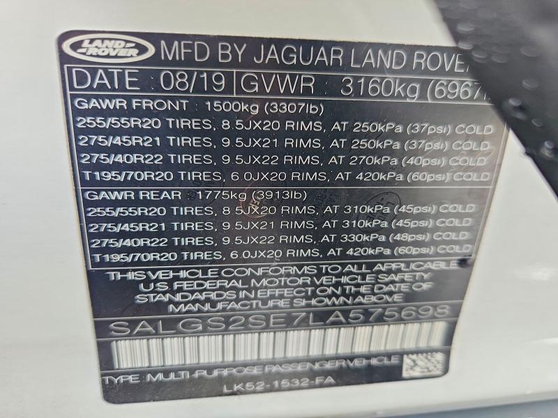 Продаж на аукціоні авто 2020 Land Rover Range Rover, vin: SALGS2SE7LA575698, номер лоту: 58249266