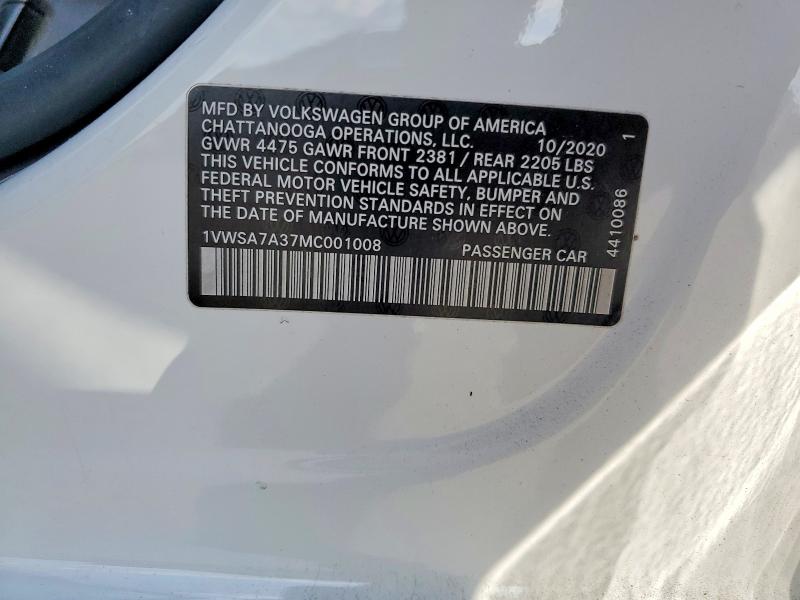56848816 :رقم المزاد ، 1VWSA7A37MC001008 vin ، 2021 Volkswagen Passat مزاد بيع