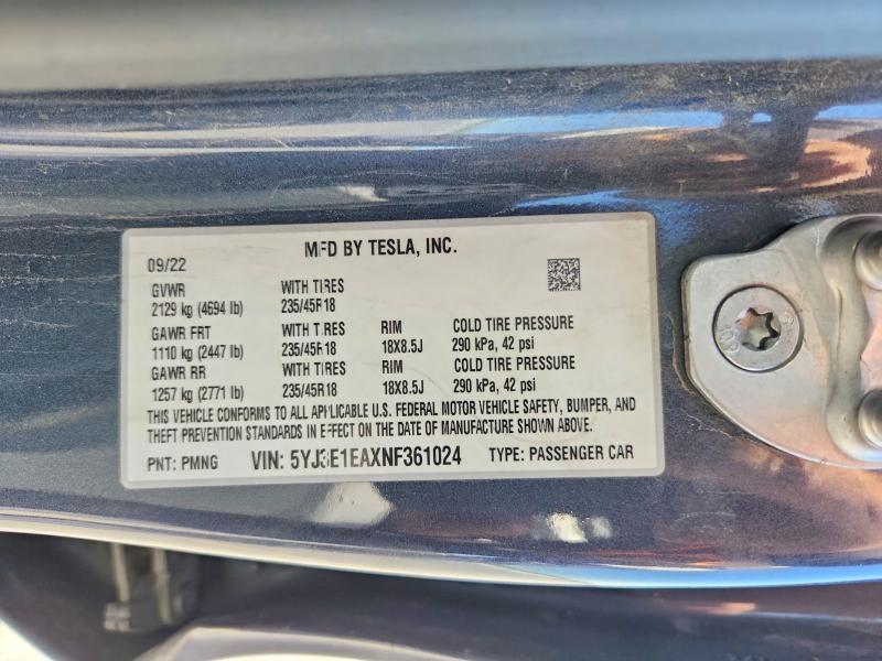 Aukcja sprzedaży 2022 Tesla Model 3, vin: 5YJ3E1EAXNF361024, numer aukcji: 57447416