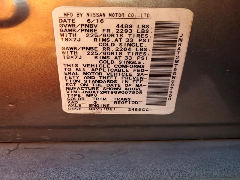 2016 Nissan Rogue მანქანა იყიდება აუქციონზე, vin: JN8AT2MT9GW007908, აუქციონის ნომერი: 58425716