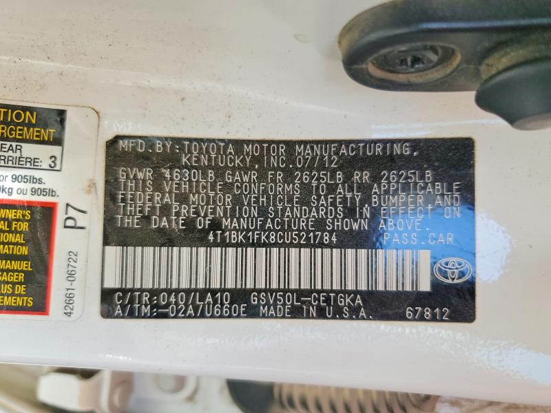 2012 Toyota Camry მანქანა იყიდება აუქციონზე, vin: 4T1BK1FK8CU521784, აუქციონის ნომერი: 56795226