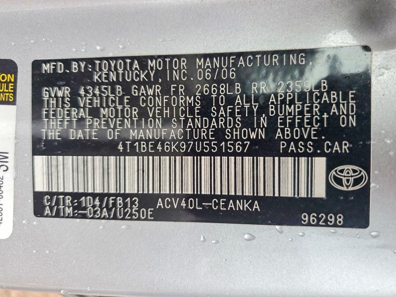 Продажа на аукционе авто 2007 Toyota Camry, vin: 4T1BE46K97U551567, номер лота: 55323736