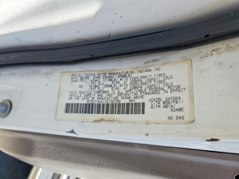 2003 Toyota Sequoia მანქანა იყიდება აუქციონზე, vin: 5TDZT34A13S192386, აუქციონის ნომერი: 57543006