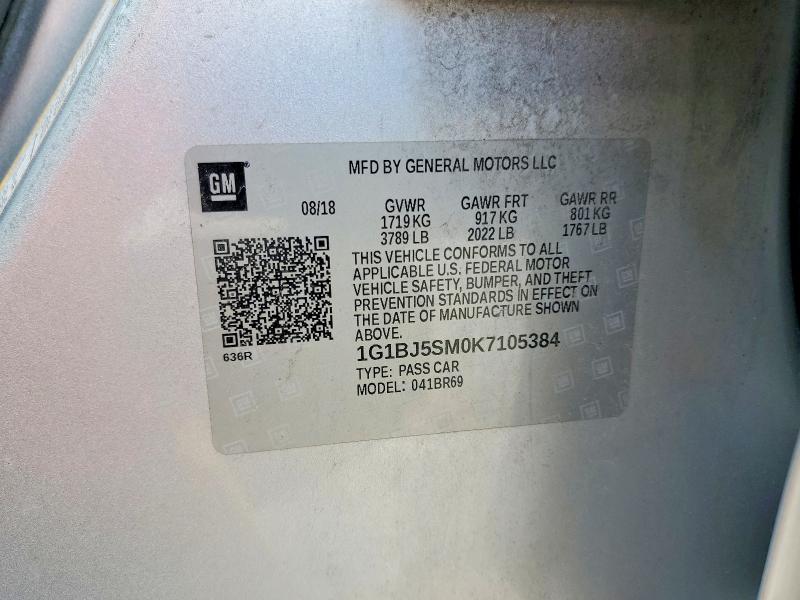 57889646 :رقم المزاد ، 1G1BJ5SM0K7105384 vin ، 2019 Chevrolet Cruze مزاد بيع