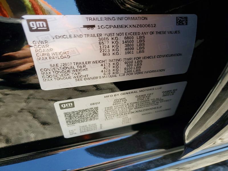 2022 Chevrolet Silverado მანქანა იყიდება აუქციონზე, vin: 1GCPABEKXNZ600612, აუქციონის ნომერი: 57271726