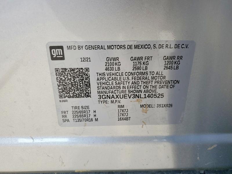 2022 Chevrolet Equinox მანქანა იყიდება აუქციონზე, vin: 3GNAXUEV3NL140525, აუქციონის ნომერი: 57394836