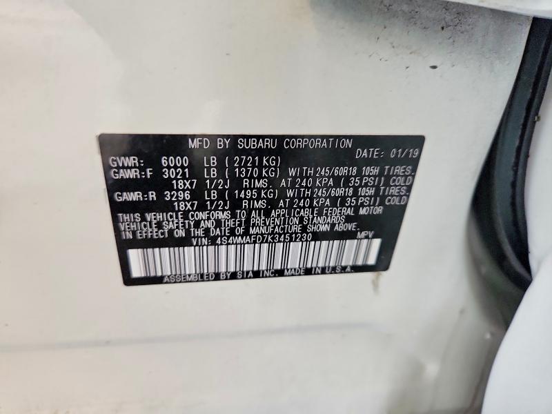 57578296 :رقم المزاد ، 4S4WMAFD7K3451230 vin ، 2019 Subaru Ascent مزاد بيع
