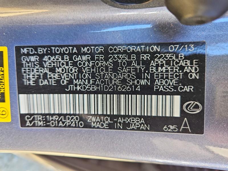 Aukcja sprzedaży 2013 Lexus Ct, vin: JTHKD5BH1D2162614, numer aukcji: 58264236