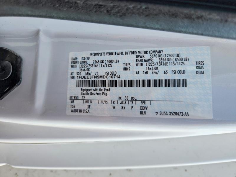 58004566 :رقم المزاد ، 1FDEE3FN5MDC10714 vin ، 2021 Ford E350 مزاد بيع