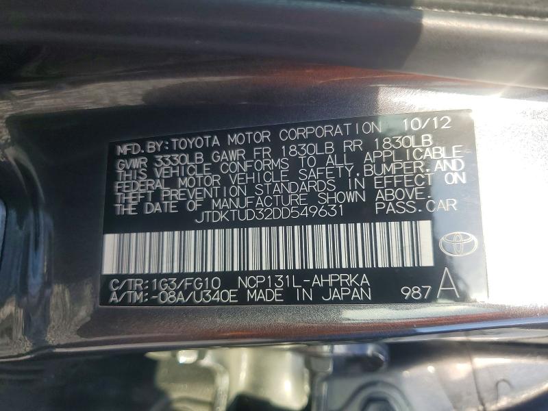 2013 Toyota Yaris მანქანა იყიდება აუქციონზე, vin: JTDKTUD32DD549631, აუქციონის ნომერი: 58041976