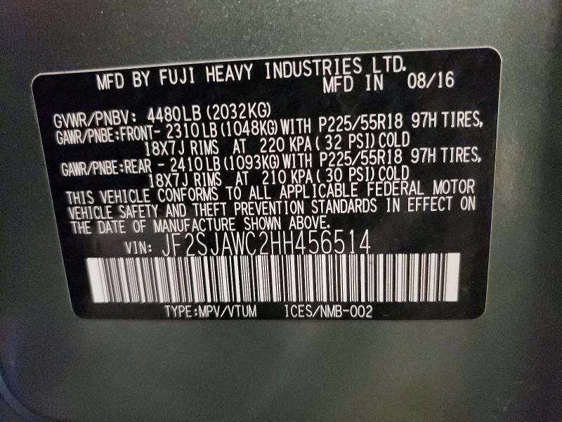 2017 Subaru Forester მანქანა იყიდება აუქციონზე, vin: JF2SJAWC2HH456514, აუქციონის ნომერი: 55603346