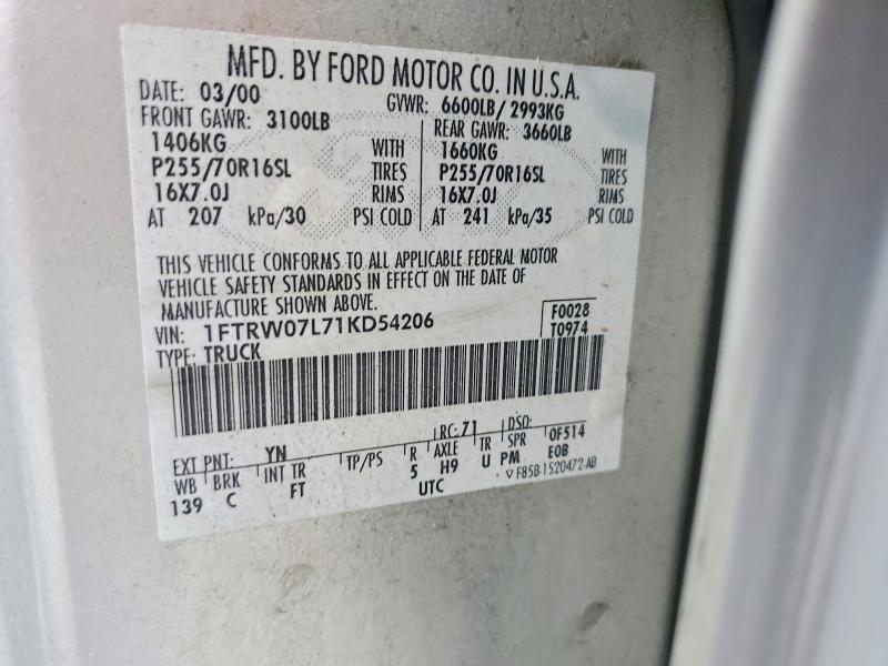2001 Ford F150 მანქანა იყიდება აუქციონზე, vin: 1FTRW07L71KD54206, აუქციონის ნომერი: 56099126