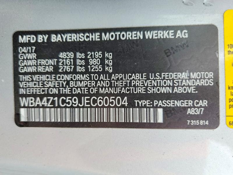 Aukcja sprzedaży 2018 Bmw 430i, vin: WBA4Z1C59JEC60504, numer aukcji: 58665396
