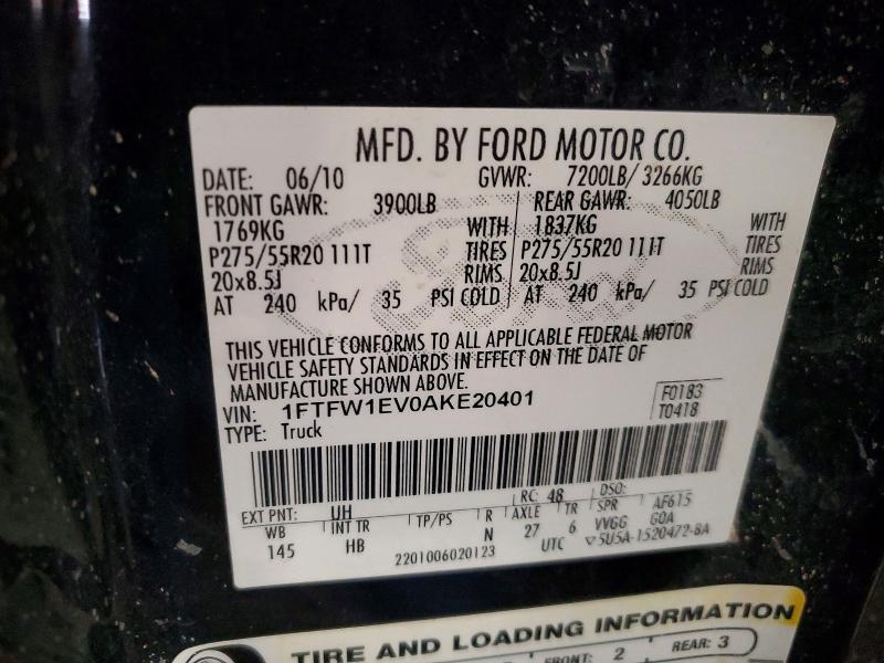 56265036 :رقم المزاد ، 1FTFW1EV0AKE20401 vin ، 2010 Ford F150 مزاد بيع