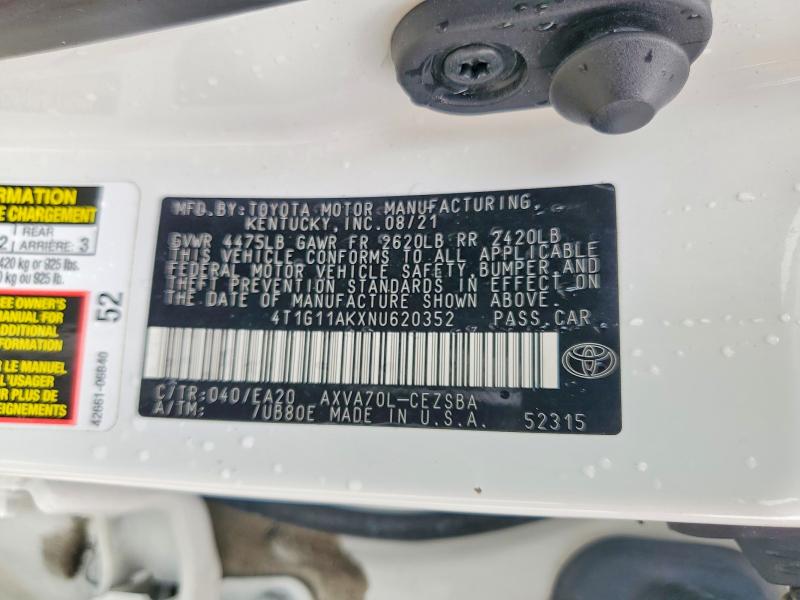 2022 Toyota Camry მანქანა იყიდება აუქციონზე, vin: 4T1G11AKXNU620352, აუქციონის ნომერი: 57505496