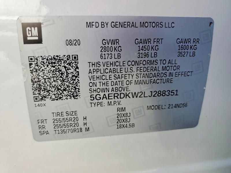 59273396 :رقم المزاد ، 5GAERDKW2LJ288351 vin ، 2020 Buick Enclave مزاد بيع