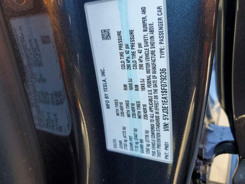 55815476 :رقم المزاد ، 5YJ3E1EA1SF079236 vin ، 2025 Tesla Model 3 مزاد بيع