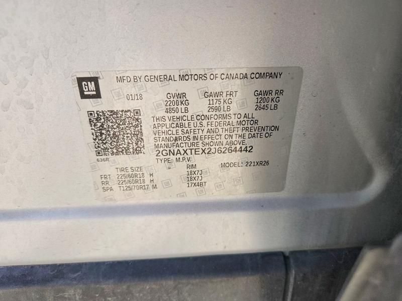 2018 Chevrolet Equinox მანქანა იყიდება აუქციონზე, vin: 2GNAXTEX2J6264442, აუქციონის ნომერი: 57324086