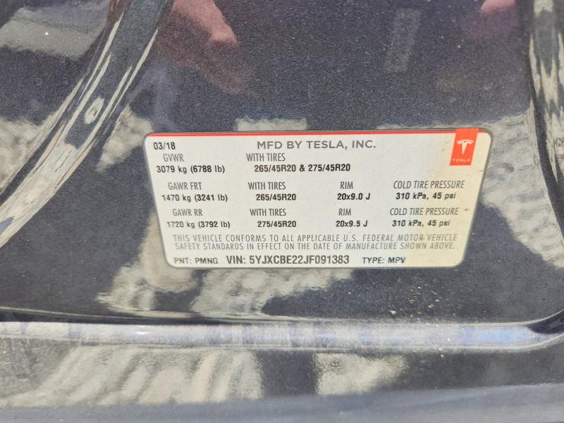 58939126 :رقم المزاد ، 5YJXCBE22JF091383 vin ، 2018 Tesla Model X مزاد بيع