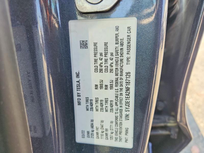 Продажа на аукционе авто 2022 Tesla Model 3, vin: 5YJ3E1EA2NF187126, номер лота: 58230466