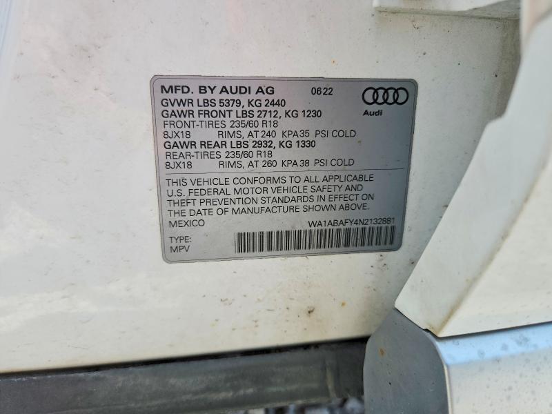 55875456 :رقم المزاد ، WA1ABAFY4N2132881 vin ، 2022 Audi Q5 مزاد بيع