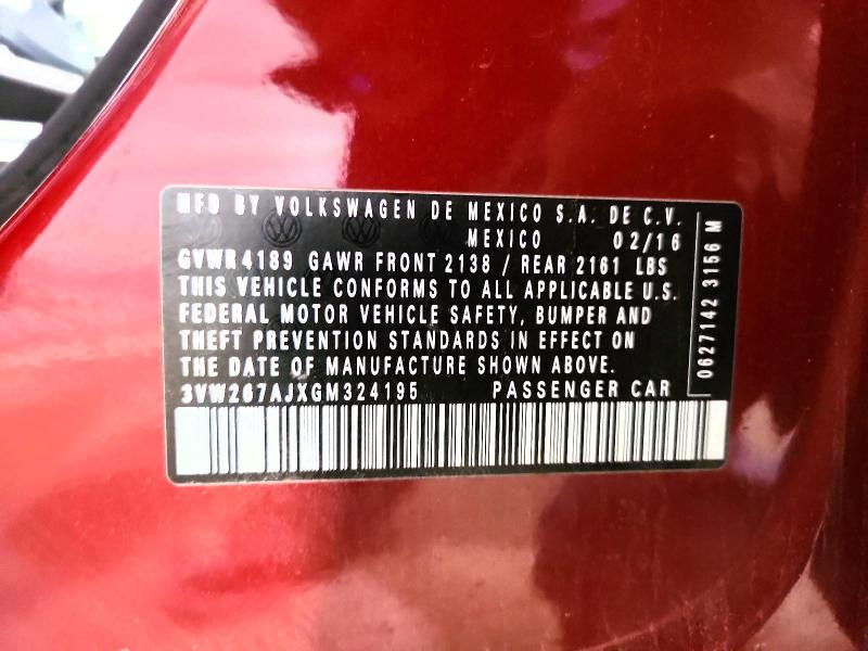 2016 Volkswagen Jetta მანქანა იყიდება აუქციონზე, vin: 3VW267AJXGM324195, აუქციონის ნომერი: 57026966