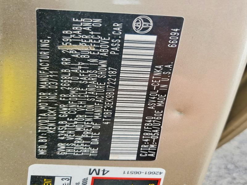 2011 Toyota Camry მანქანა იყიდება აუქციონზე, vin: 4T1BF3EK9BU722187, აუქციონის ნომერი: 58463546