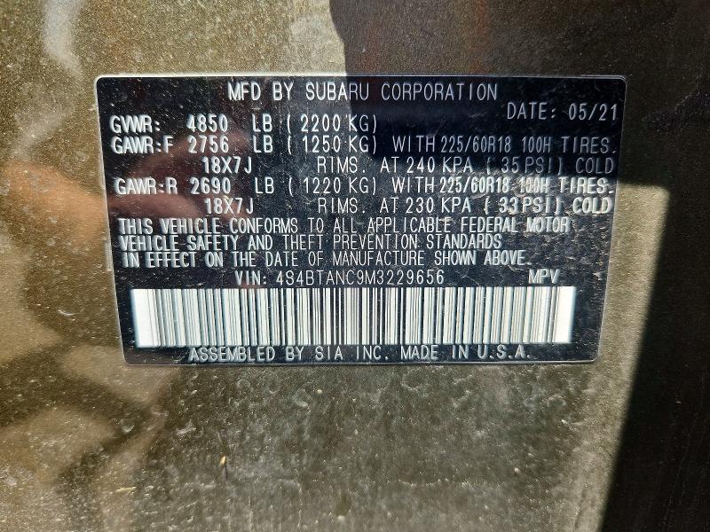 2021 Subaru Outback მანქანა იყიდება აუქციონზე, vin: 4S4BTANC9M3229656, აუქციონის ნომერი: 56521386