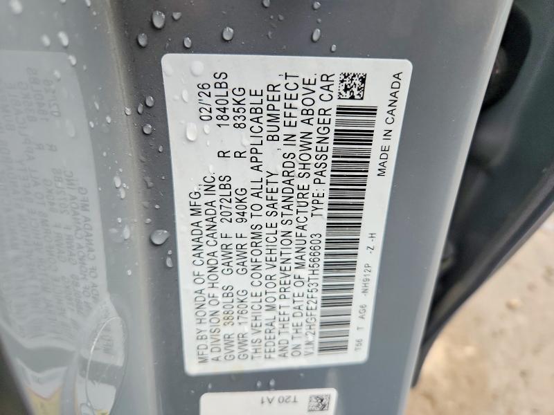 Продажа на аукционе авто 2026 Honda Civic, vin: 2HGFE2F53TH566603, номер лота: 57706766